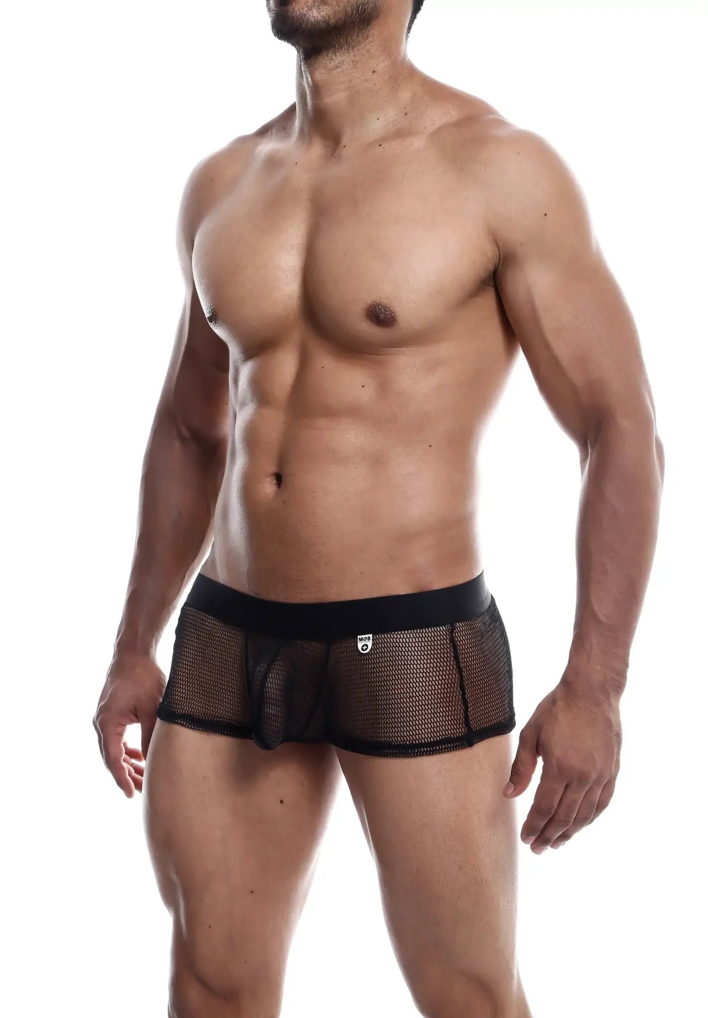 Mob fisnet boxer black mesh briefs with a solid black waistband showing the front side of the product