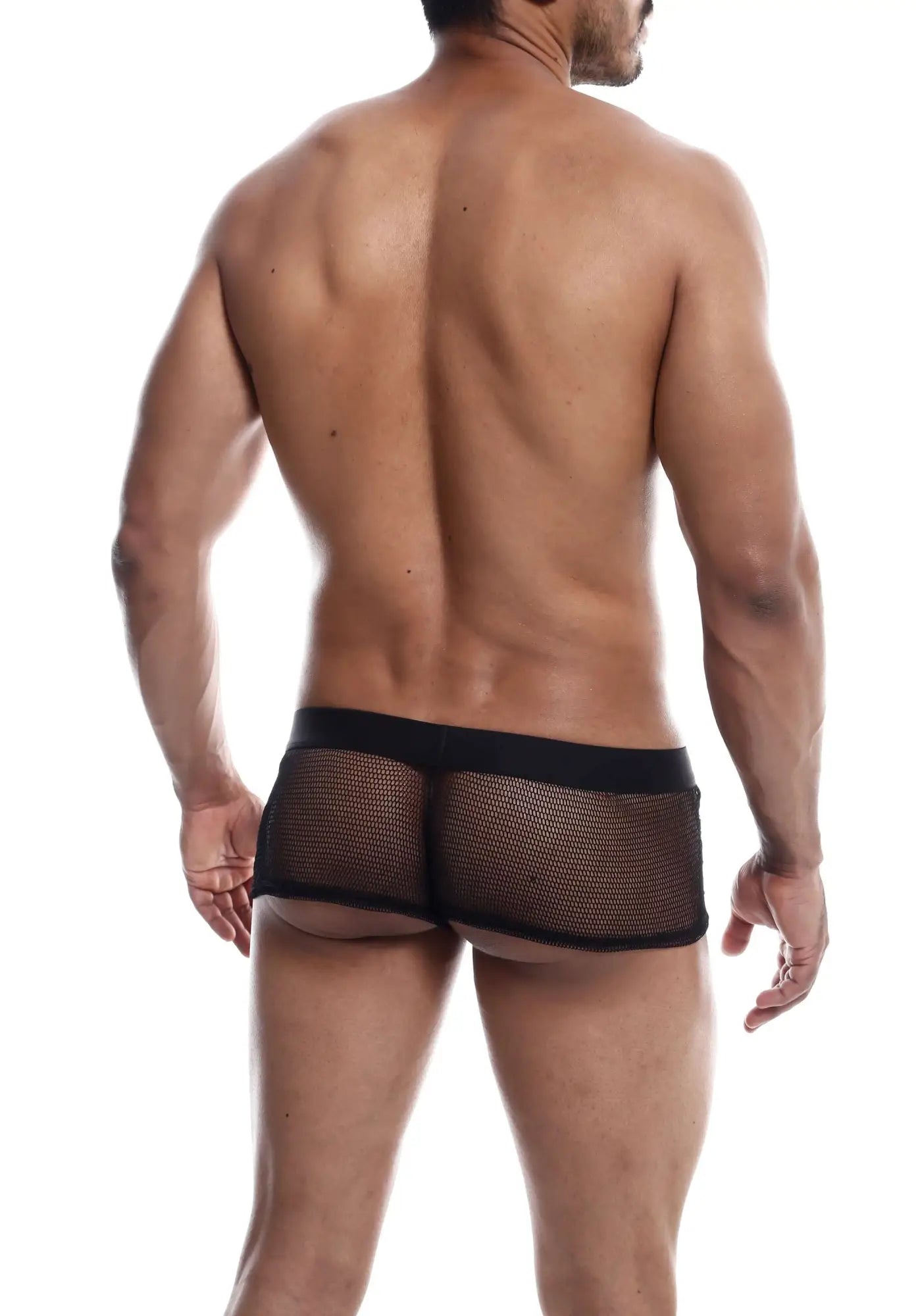 Black mesh mob fisnet boxer briefs with solid black waistband showing front side design and breathable fabric