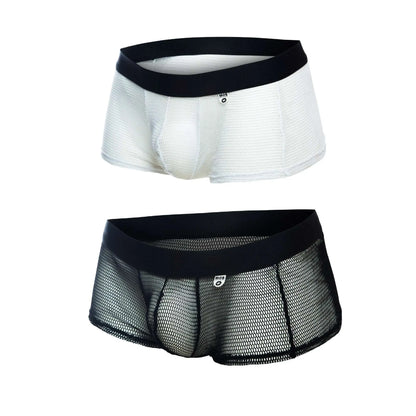 Mob fisnet boxer white and black mesh briefs with a solid elastic waistband designed for comfort and breathability
