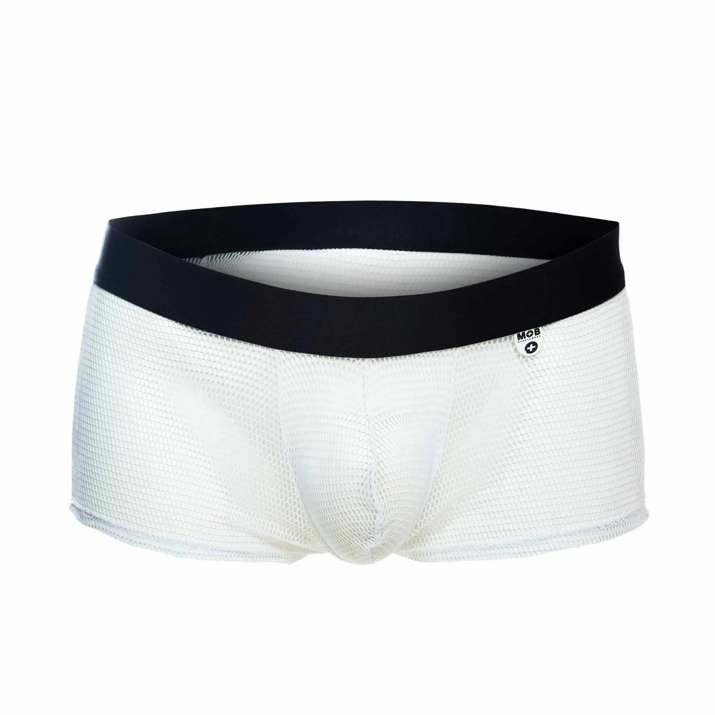 White mesh mob fisnet boxer briefs with black elastic waistband and mcb brand logo on the side