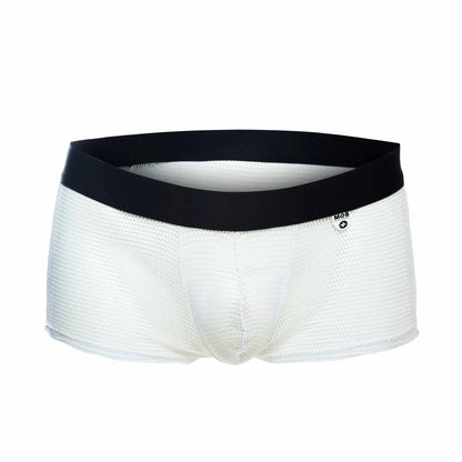 White mesh mob fisnet boxer briefs with black elastic waistband and mcb brand logo on the side