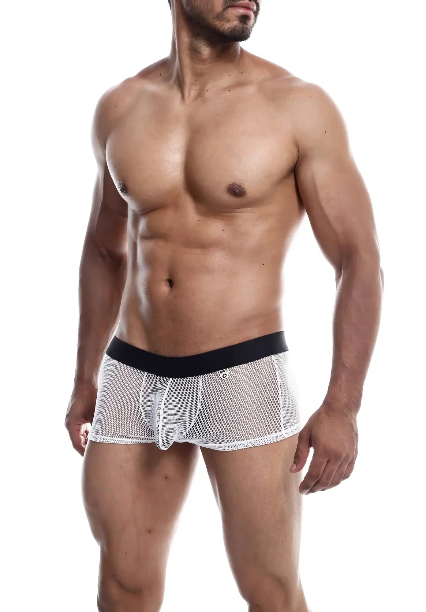 White mesh briefs with a black waistband mob fisnet boxer featuring breathable mesh material for comfort and style
