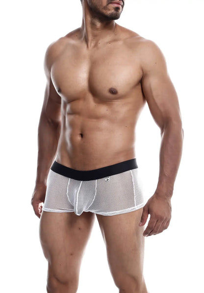White mesh briefs with a black waistband mob fisnet boxer featuring breathable mesh material for comfort and style