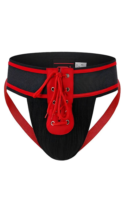 Black and red mob football jockstrap with lace-up front and textured fabric waistband for athletic support