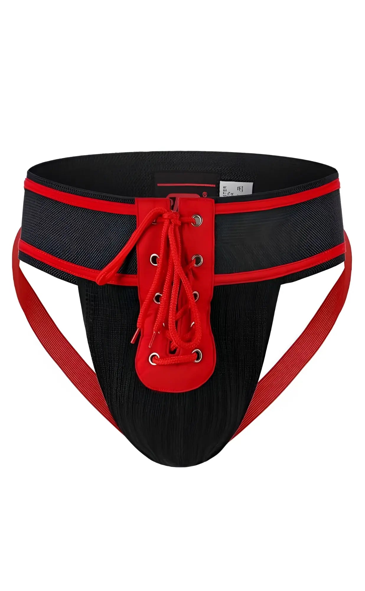 Black and red lace-up mob football jockstrap briefs with textured fabric waistband for athletic use
