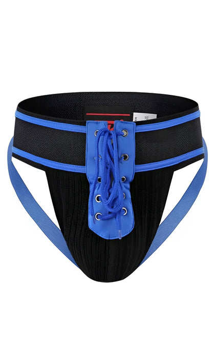 Black athletic MOB Football jockstrap briefs with blue trim and lace-up front for sports support