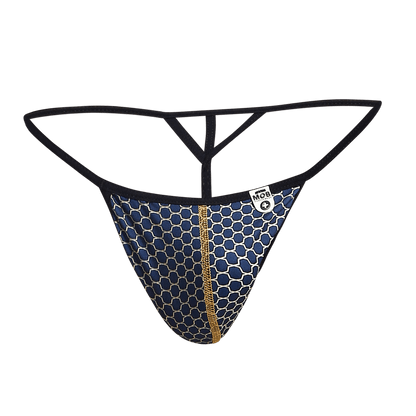 MOB Hipster T Thong print in blue and white honeycomb pattern with gold zipper and black elastic straps