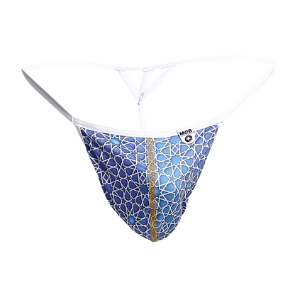 MOB hipster T thong print in blue with white geometric design gold zipper and white waistband in front view