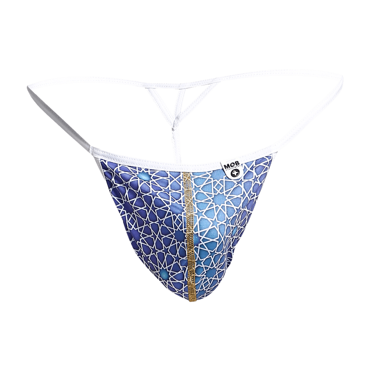 Mob hipster t thong print in blue with white geometric design gold zipper and white waistband front view
