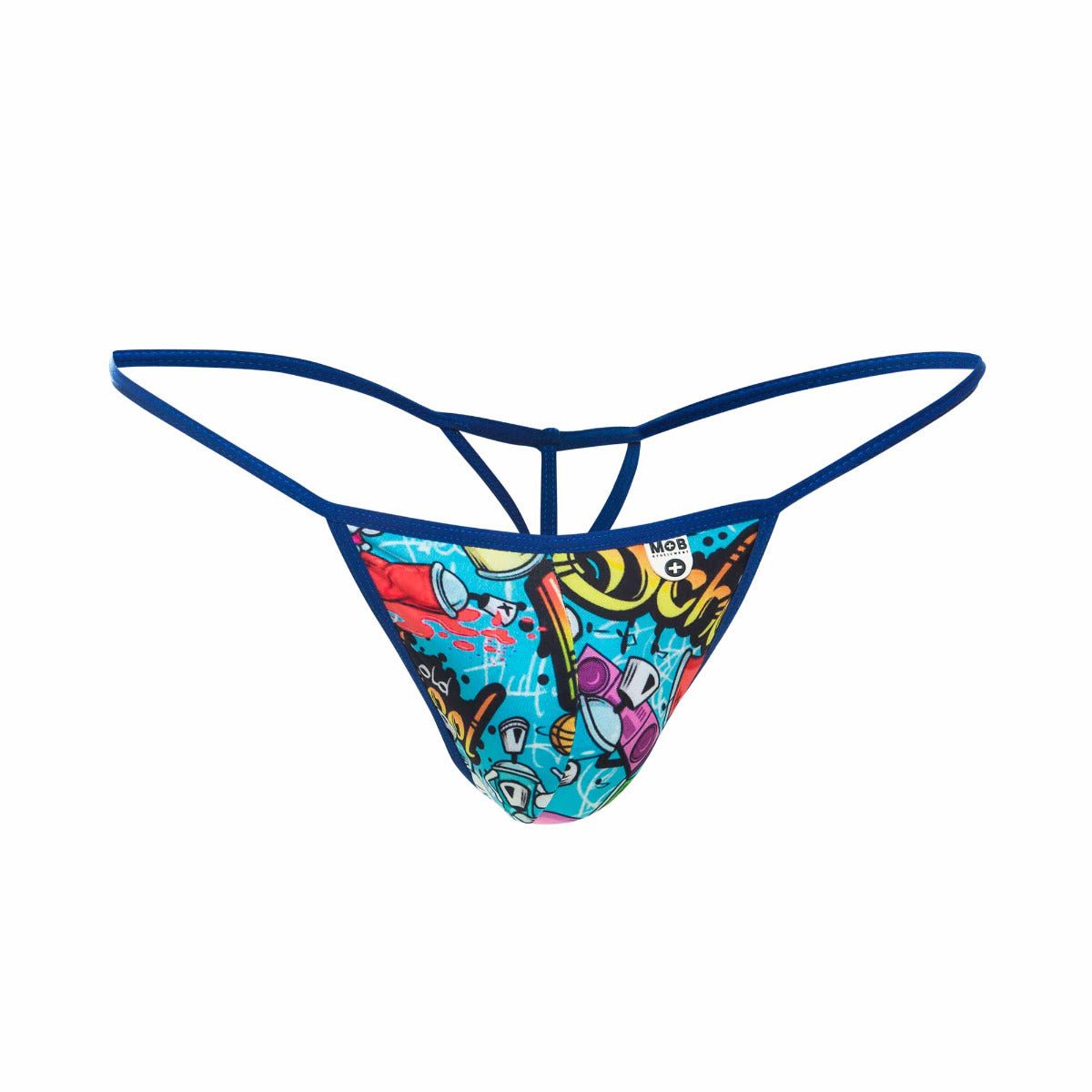 Mob hipster t thong print with vibrant bold blue red and purple graffiti pattern and sleek navy elastic waistband