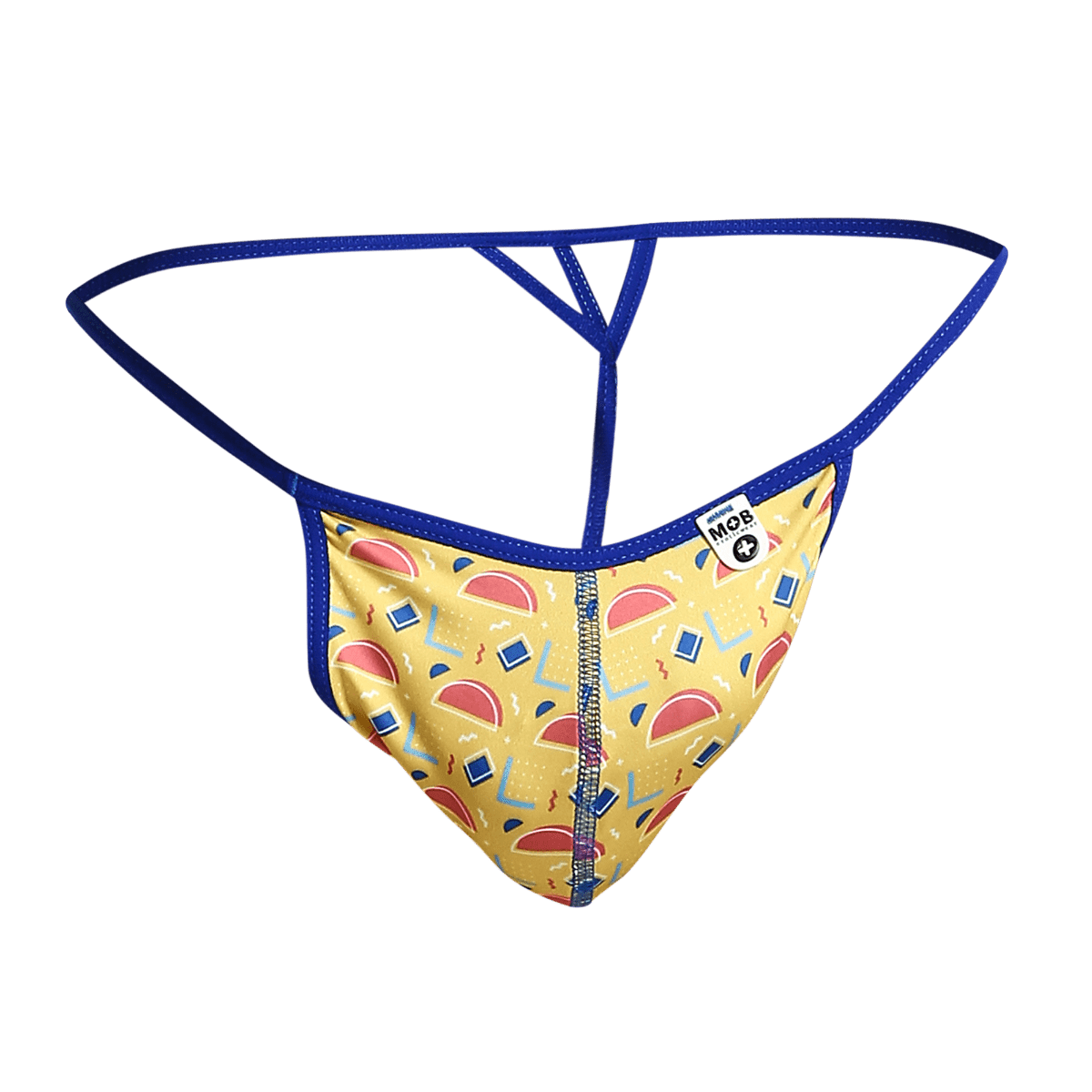 Mob hipster t thong print featuring yellow and blue retro patterned fabric with red semicircles geometric shapes and a central zipper