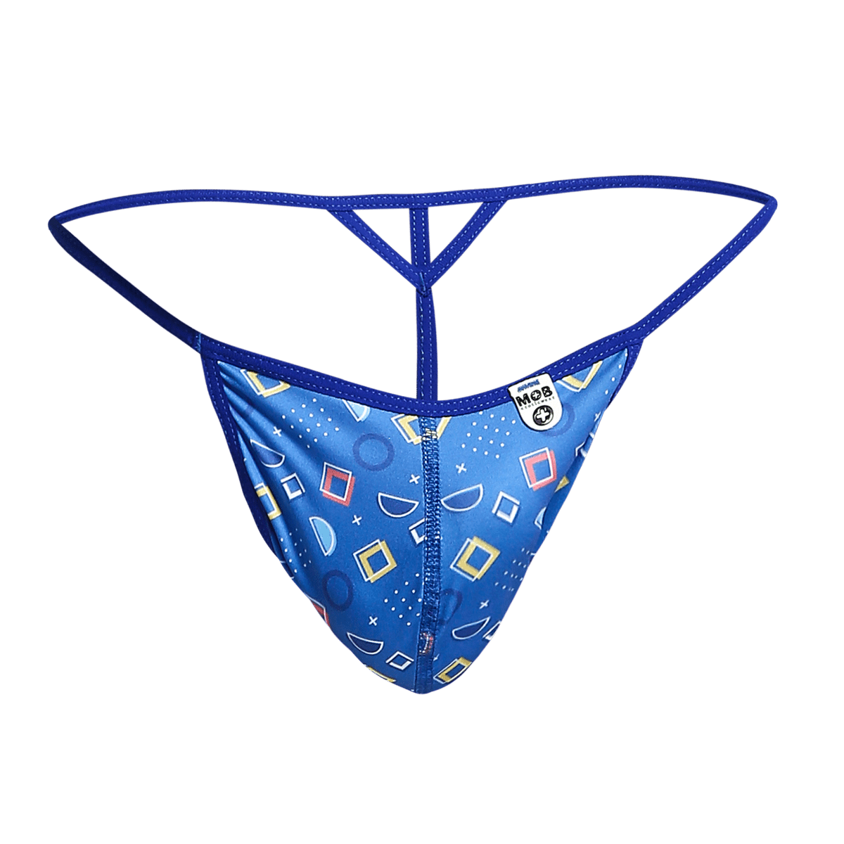 Blue patterned mob hipster t thong with geometric shapes and central zipper in front with brand label visible