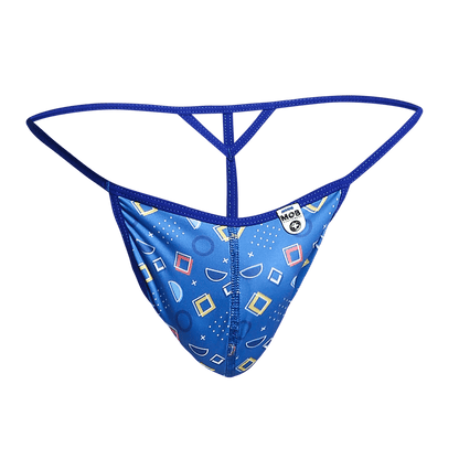 Blue patterned mob hipster t thong with geometric shapes and central zipper for stylish comfort and support