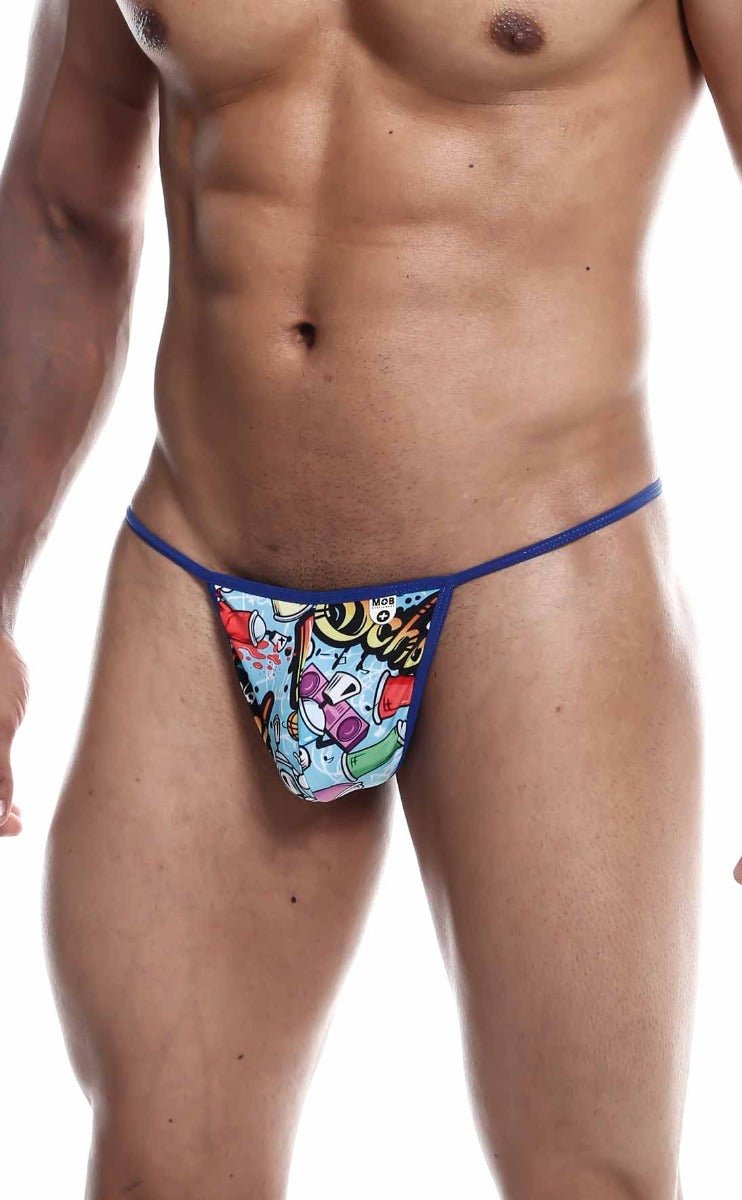Blue mob hipster t thong with vibrant comic book style print featuring colorful cartoon characters on light blue background