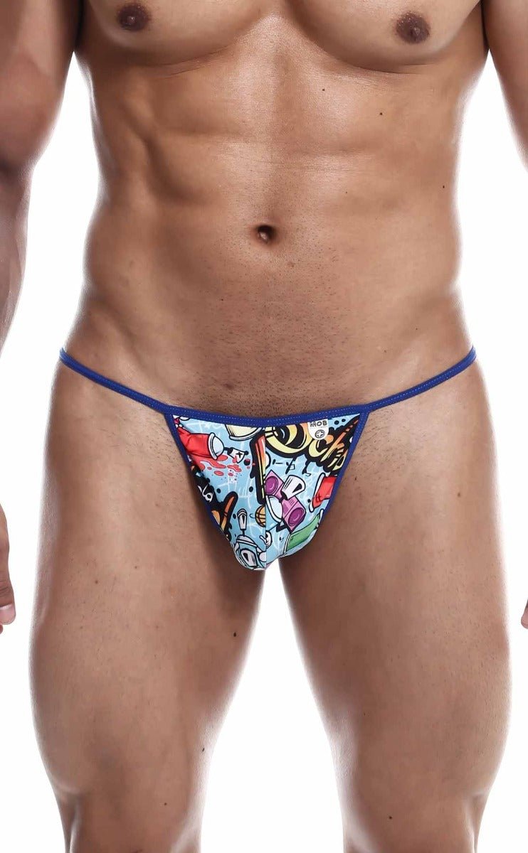 Blue-trimmed mob hipster t thong with vibrant cartoon comic book print on light blue background front view