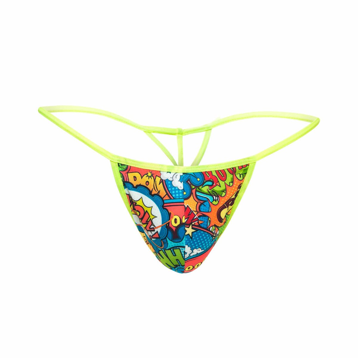 Vibrant neon green mob hipster t thong print with bold comic book speech bubbles and colorful action words design