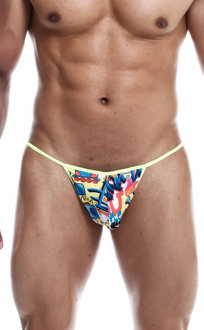 Bright yellow mob hipster t thong print with vibrant graffiti-style colorful cartoon characters and bold lettering