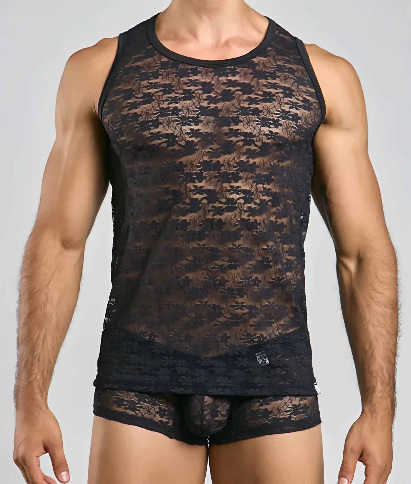 Black floral lace men’s tank top mob lace tank top featuring sheer lace fabric and floral design