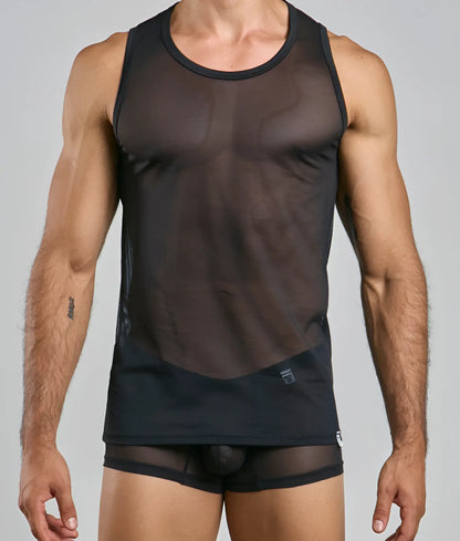 Black sheer mesh tank top with solid black trim and waistband from mob lace tank top collection