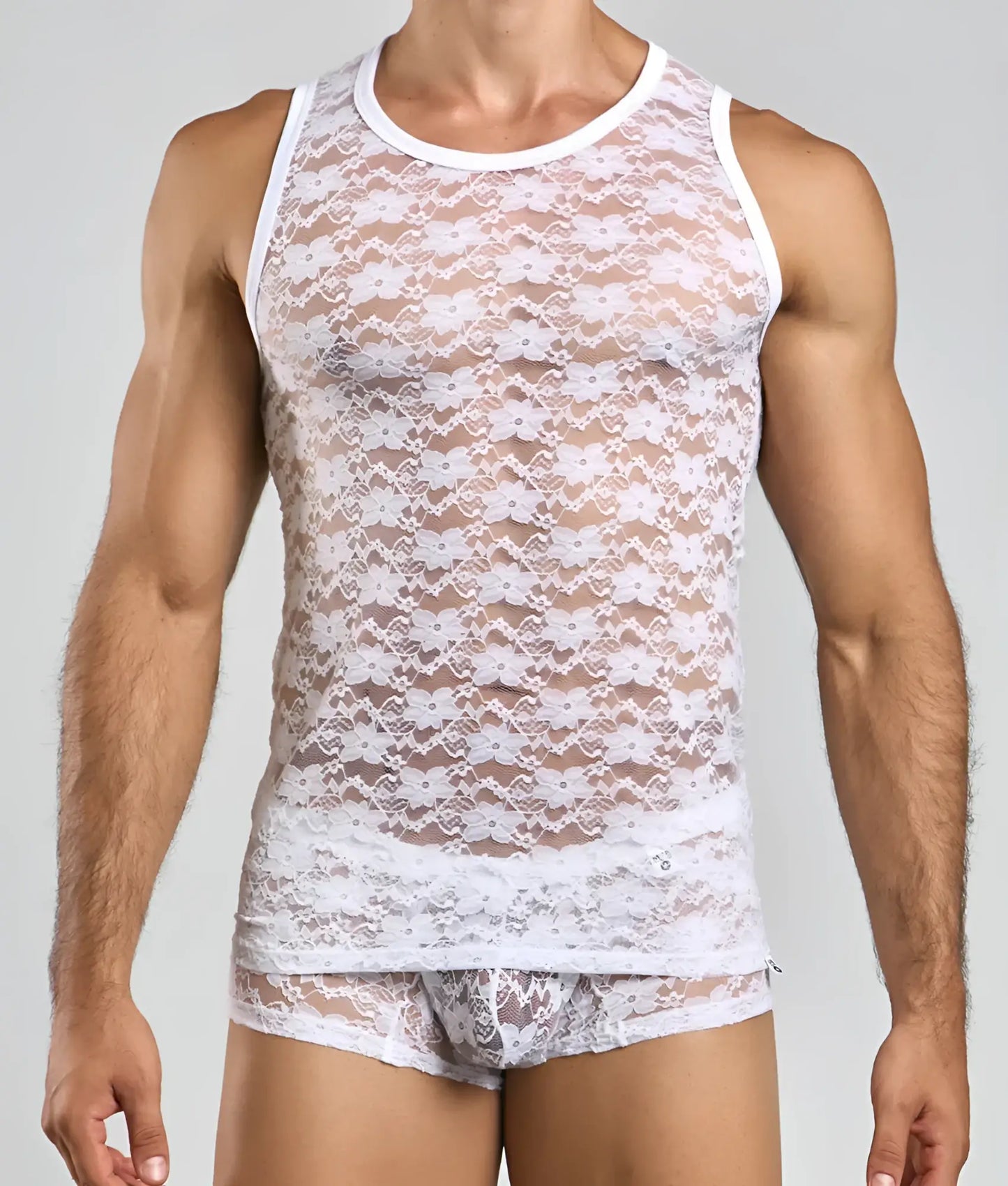 White floral lace men’s tank top with round neckline and matching shorts from MOB Lace Tank Top collection