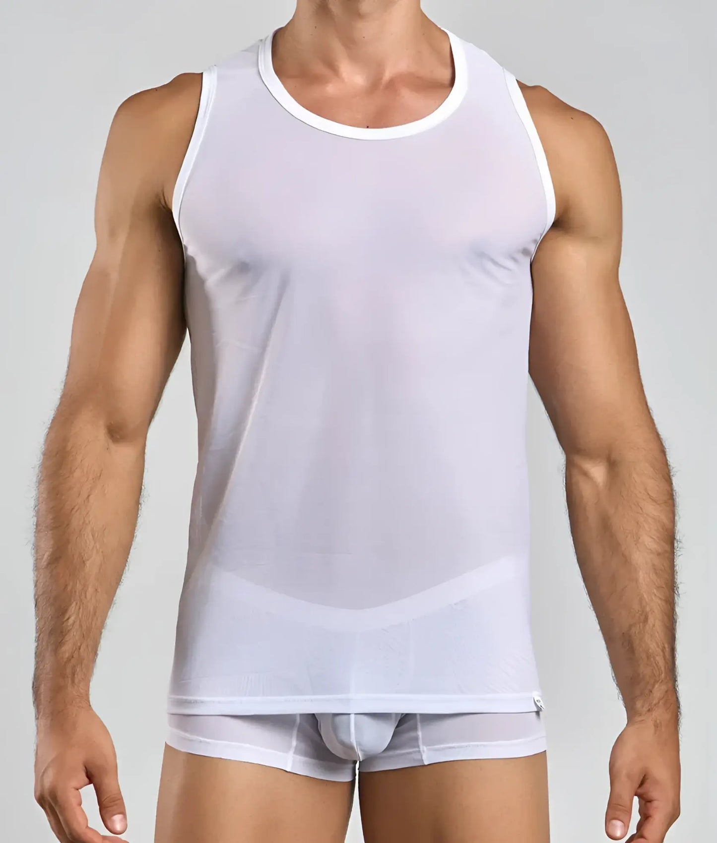 White sheer mesh mob lace tank top with round neckline and subtle curved design detail