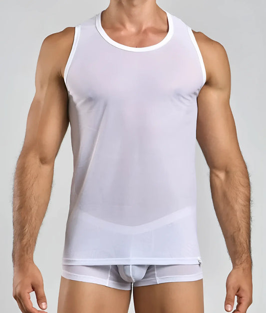White sheer mesh mob lace tank top with round neckline and subtle curved design detail
