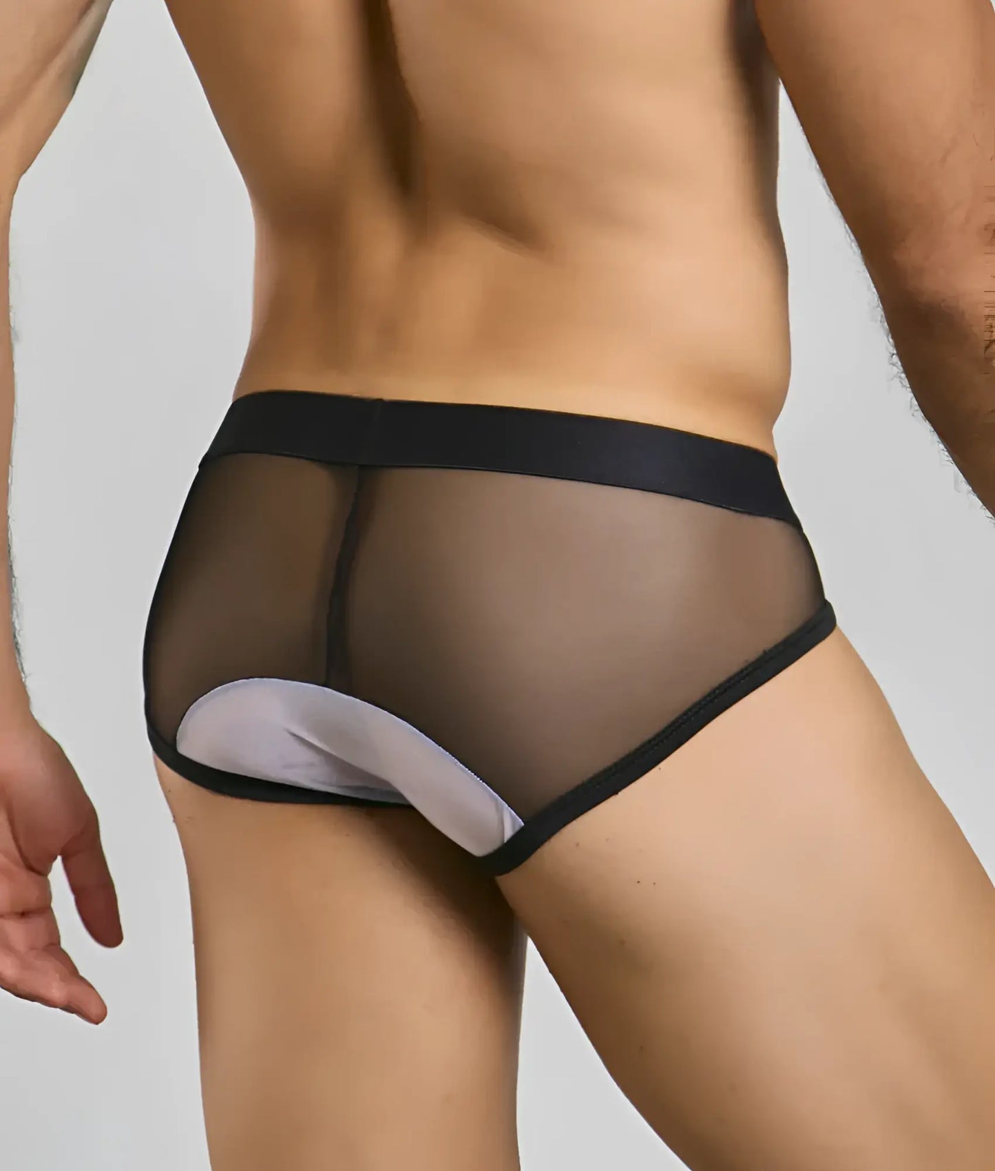 Black mesh briefs with contrasting white padded crotch panel from mob maitre d costume for costume use