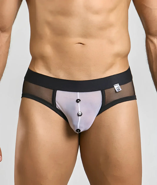 Black and translucent mesh briefs with white front panel and three black buttons for mob maitred costume