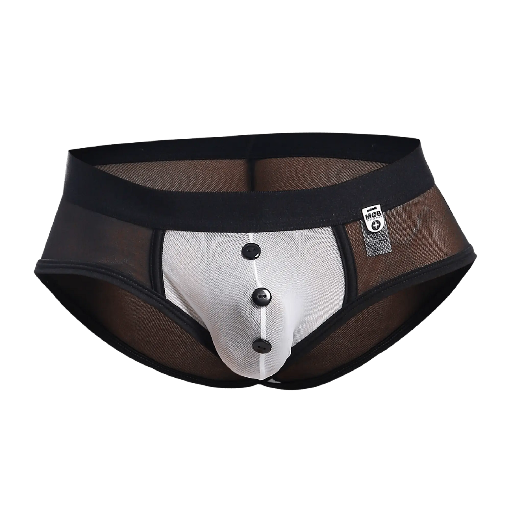 Black and white mesh briefs with button front design from mob maitred costume for a stylish look