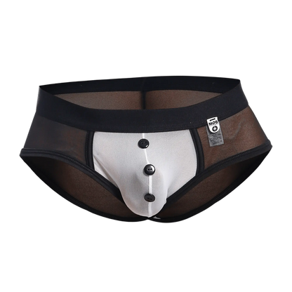 Black and white mesh briefs with a button-front design from mob maitred costume for stylish menwear