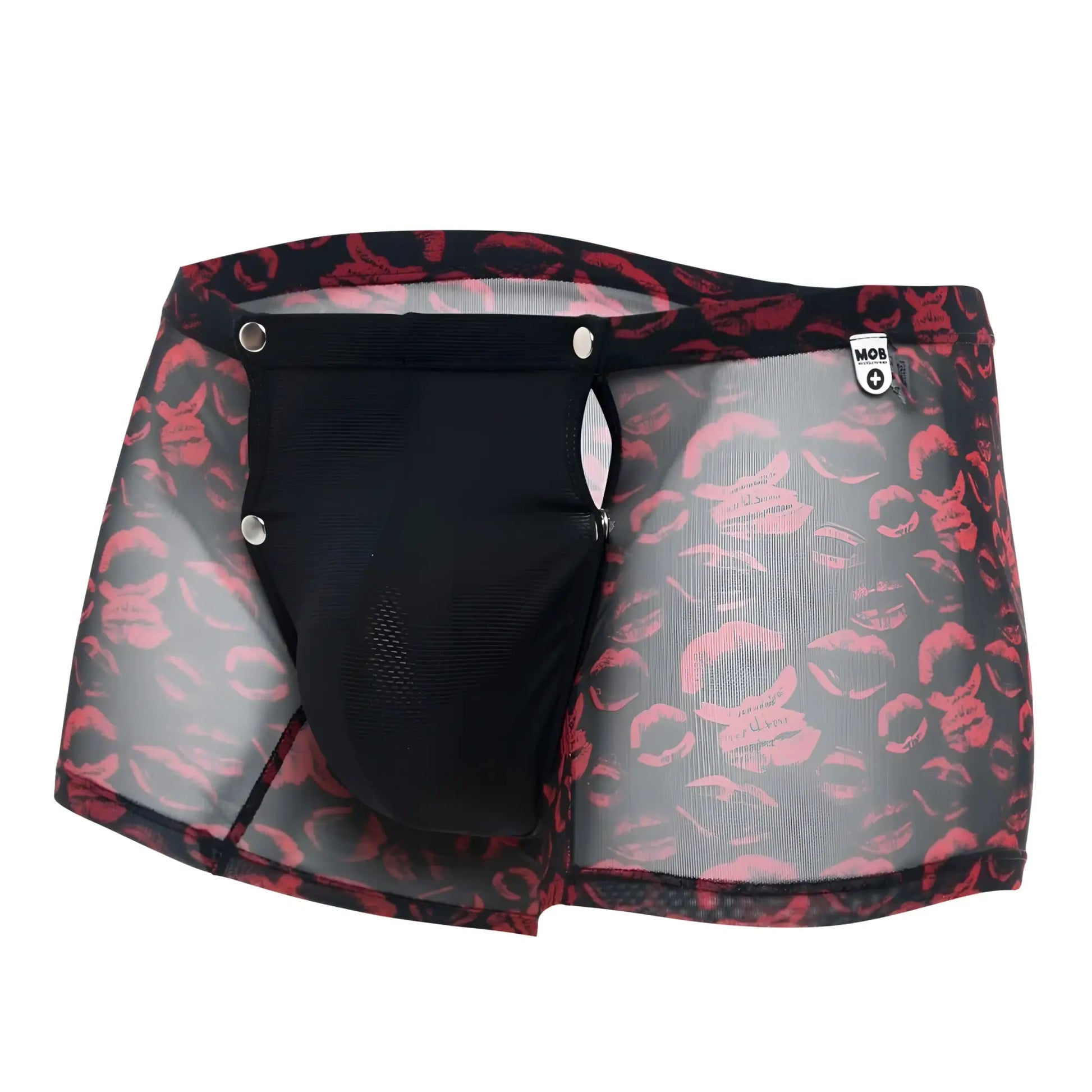 Mob men’s boxer tull pouch print black mesh briefs with red lipstick print and silver snap closures