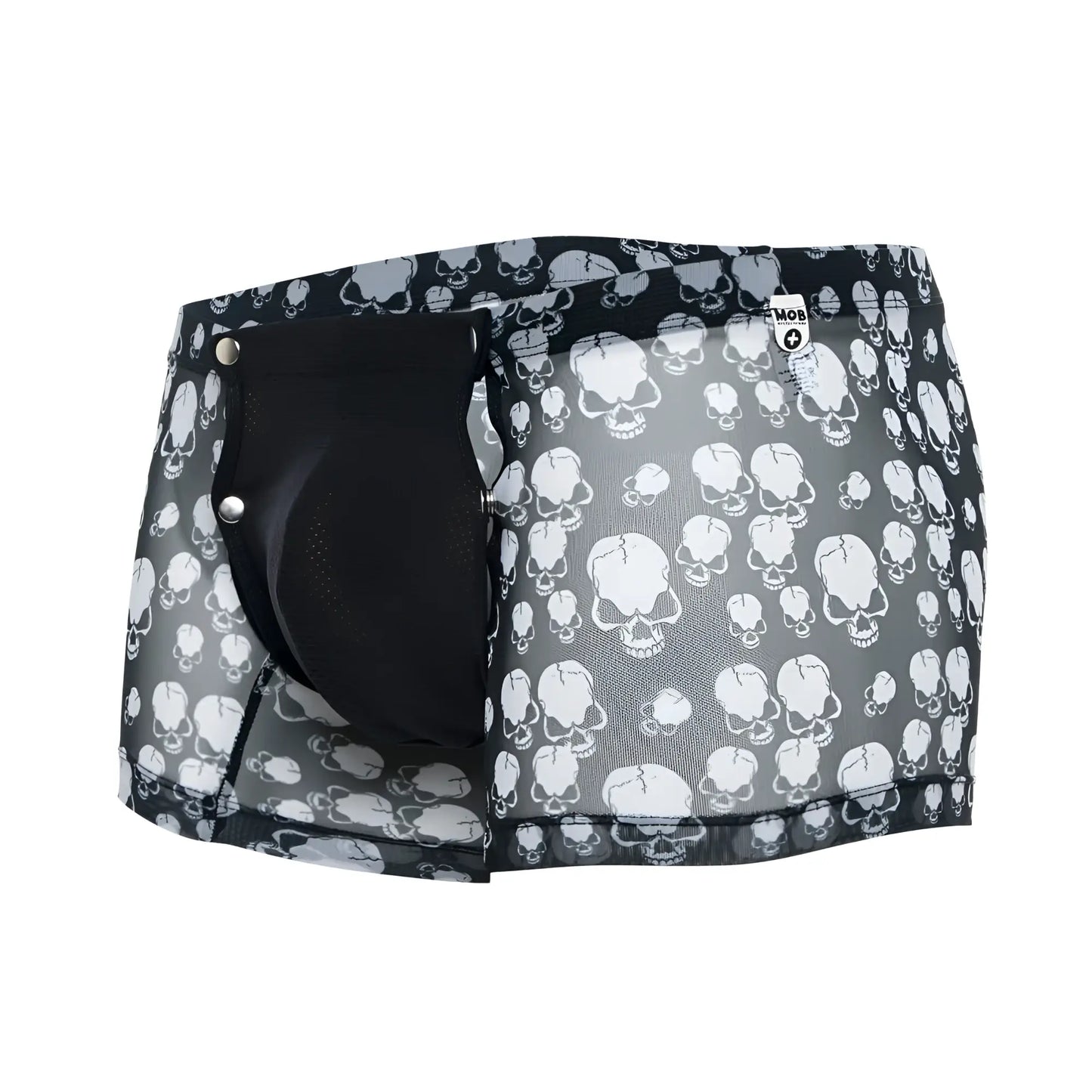 Black and white skull patterned mesh briefs with black inner pouch from mob men’s boxer tull pouch print collection