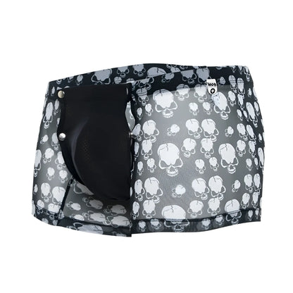 Black and white skull patterned mesh briefs with black inner pouch from mob men’s boxer tull pouch print collection