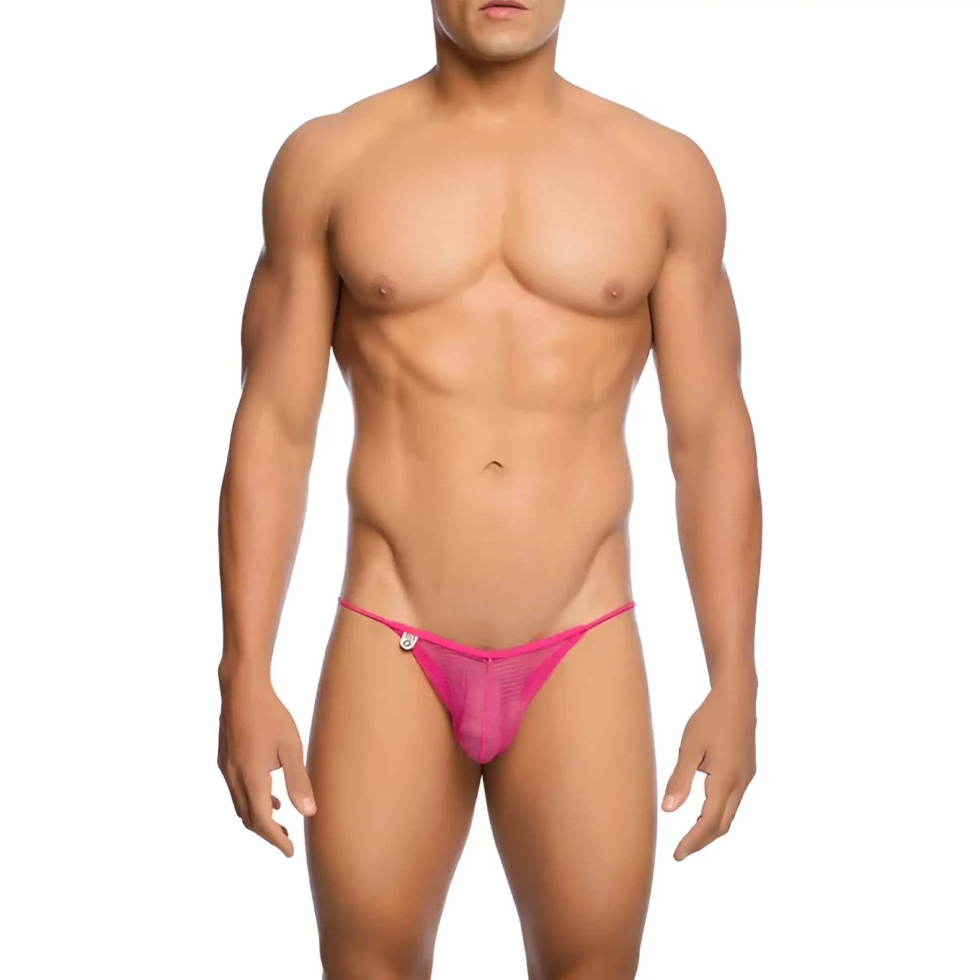 Bright pink mesh mob men’s fishnet bikini thong back view with small silver clasp