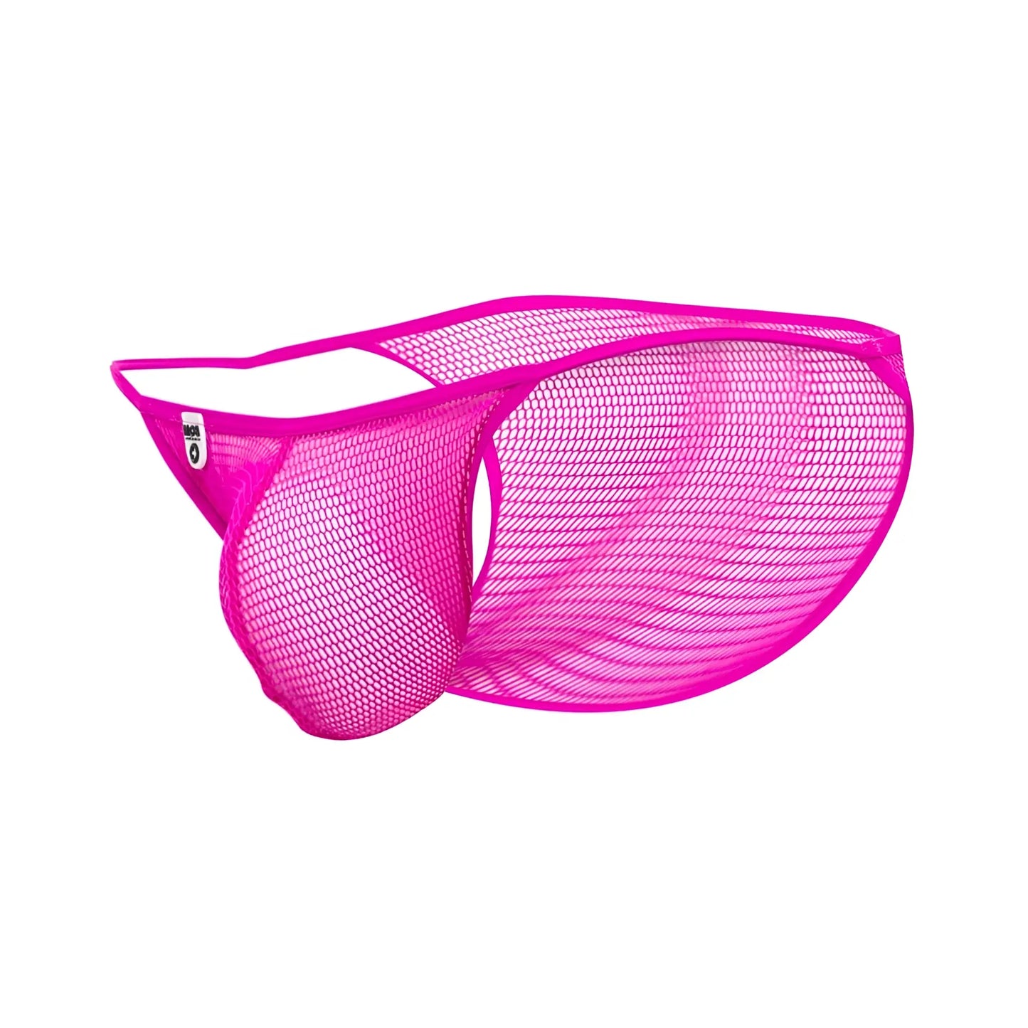 Bright pink mesh MOB men’s fishnet bikini briefs with a sleek form-fitting design for stylish comfort