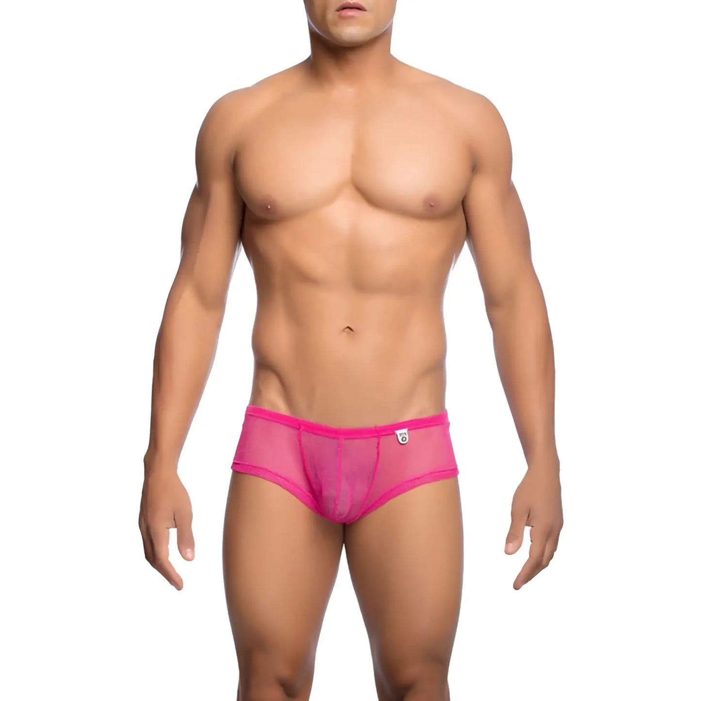 Bright pink mesh mob men’s fishnet boxer short with snug form-fitting design shown from the front