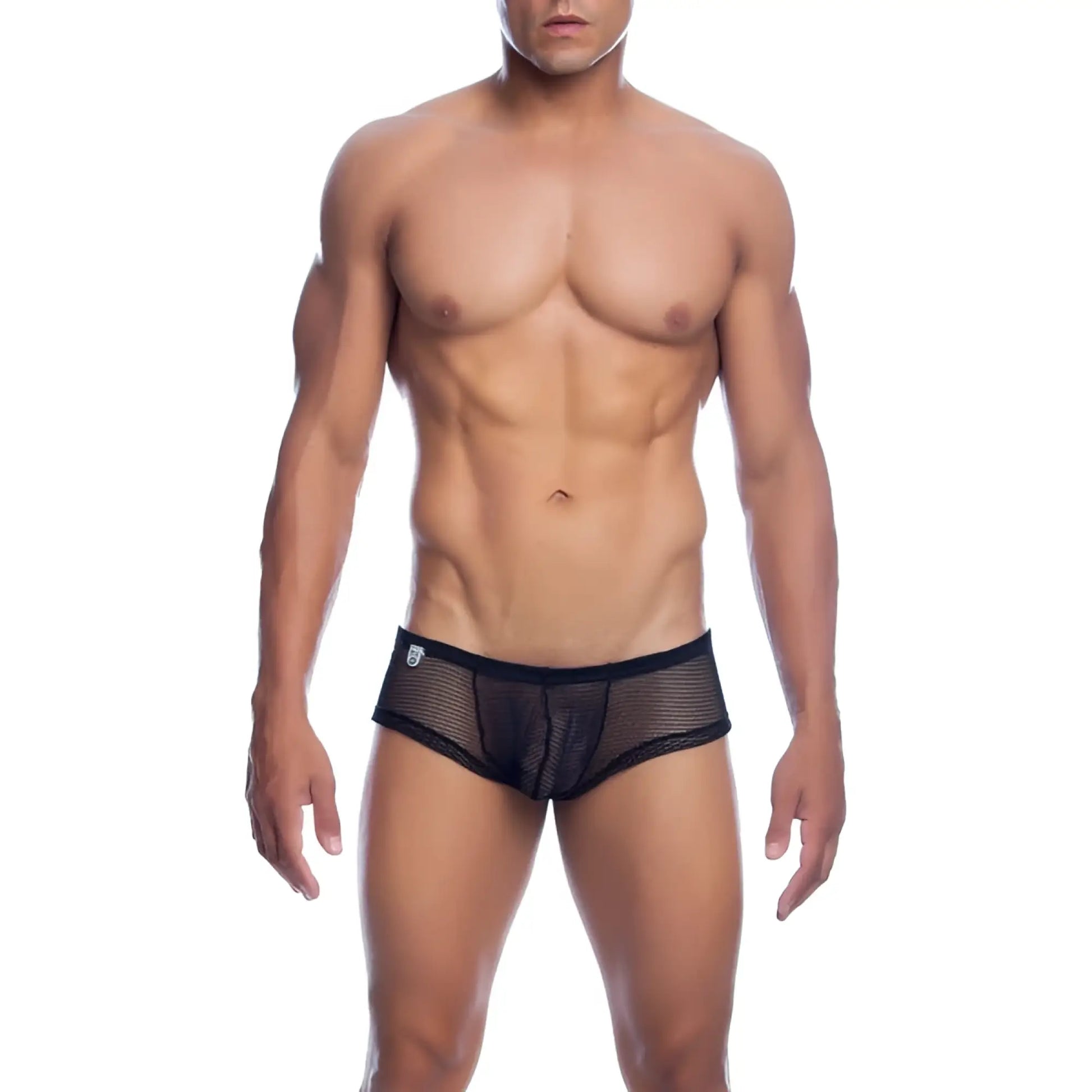 Mob men’s fishnet boxer short in black mesh with a solid black waistband showing front side details