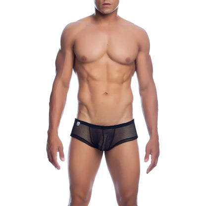 Mob men’s fishnet boxer short in black mesh with a solid black waistband showing front side details