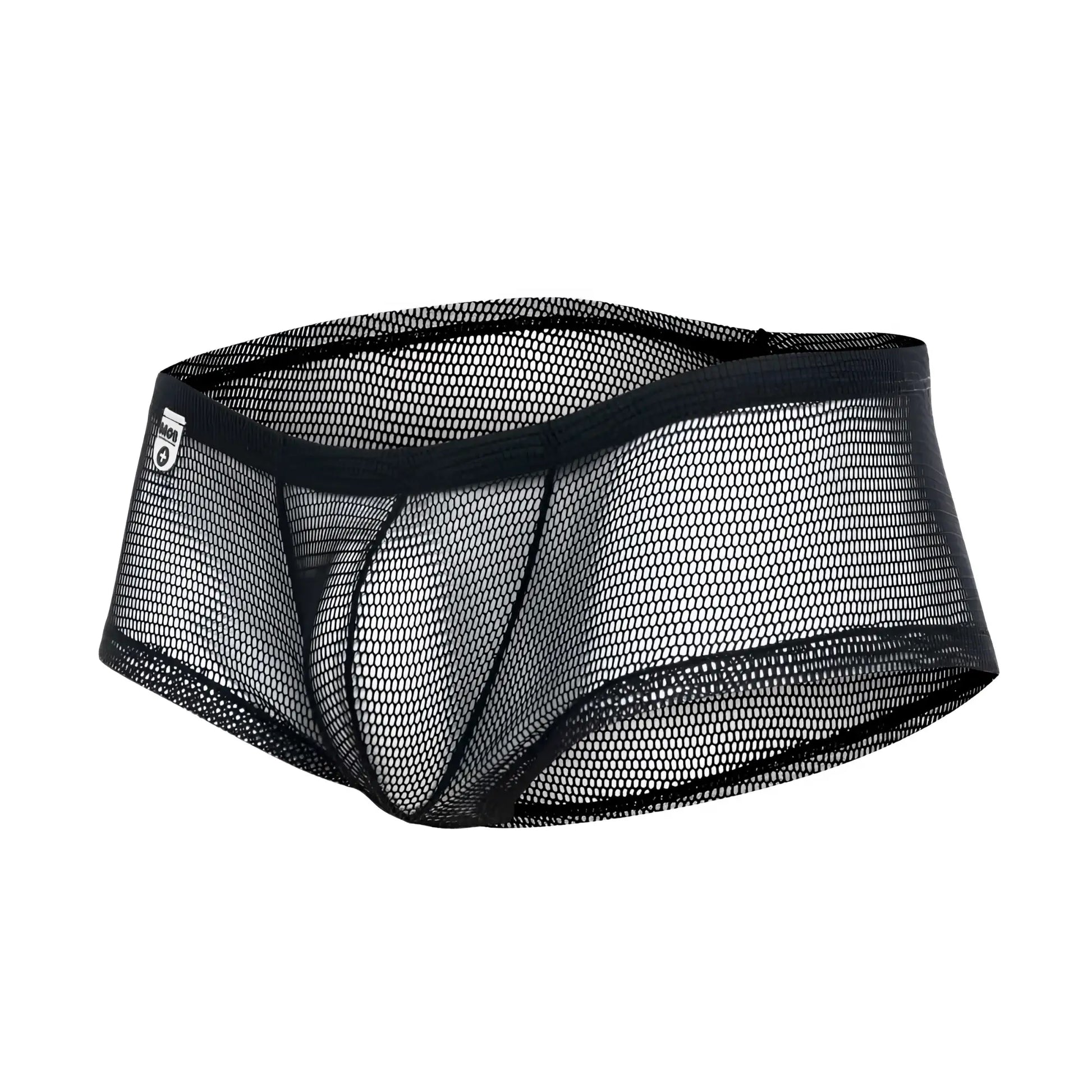Black mesh mob men’s fishnet boxer short with solid black elastic waistband and reinforced seams