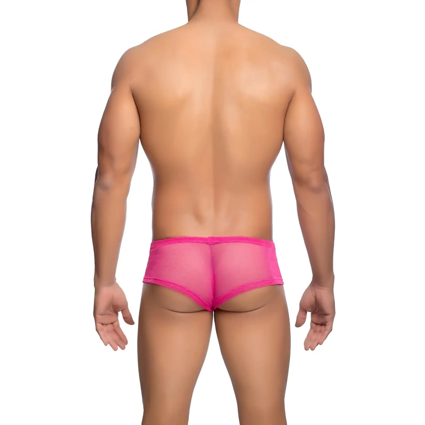 MOB men’s fishnet boxer short in bright pink mesh briefs with a snug, form-fitting design shown from the back