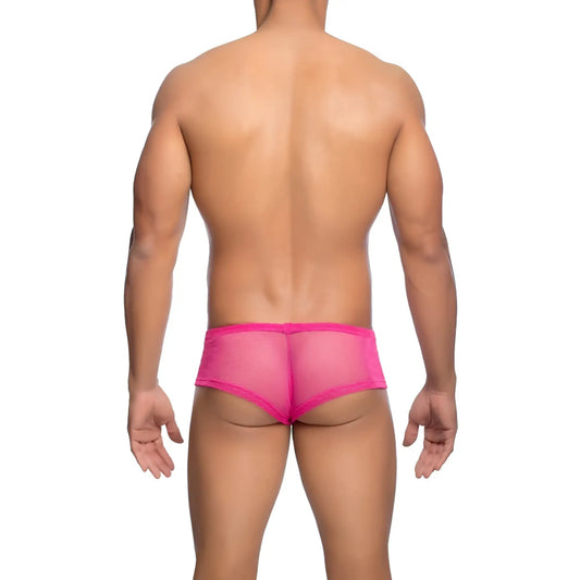 MOB men’s fishnet boxer short in bright pink mesh briefs with a snug, form-fitting design shown from the back