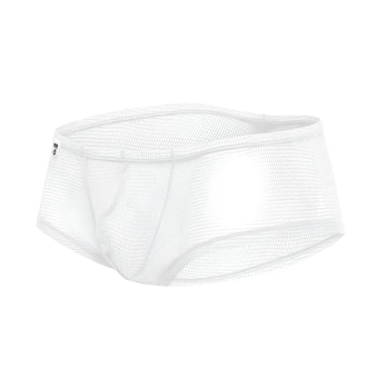Mob mens fishnet boxer short in white mesh briefs with a snug form fitting design shown from the back side