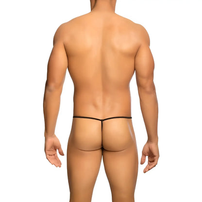 Black mob men’s fishnet thong with a thin sleek design showing the back side of the product