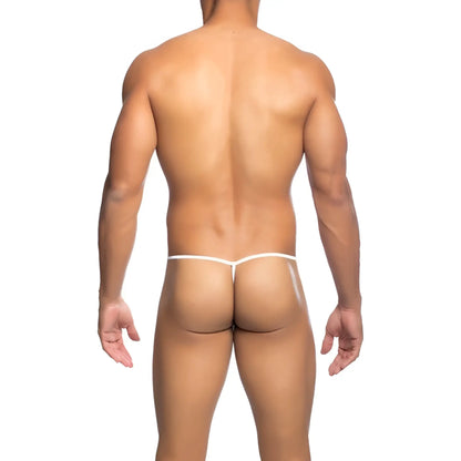 White mob men’s fishnet thong underwear with thin seamless design shown from the back side