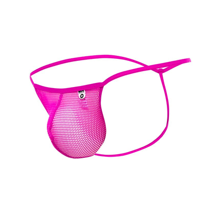 Bright pink mesh mob men’s fishnet thong with thin elastic straps front view