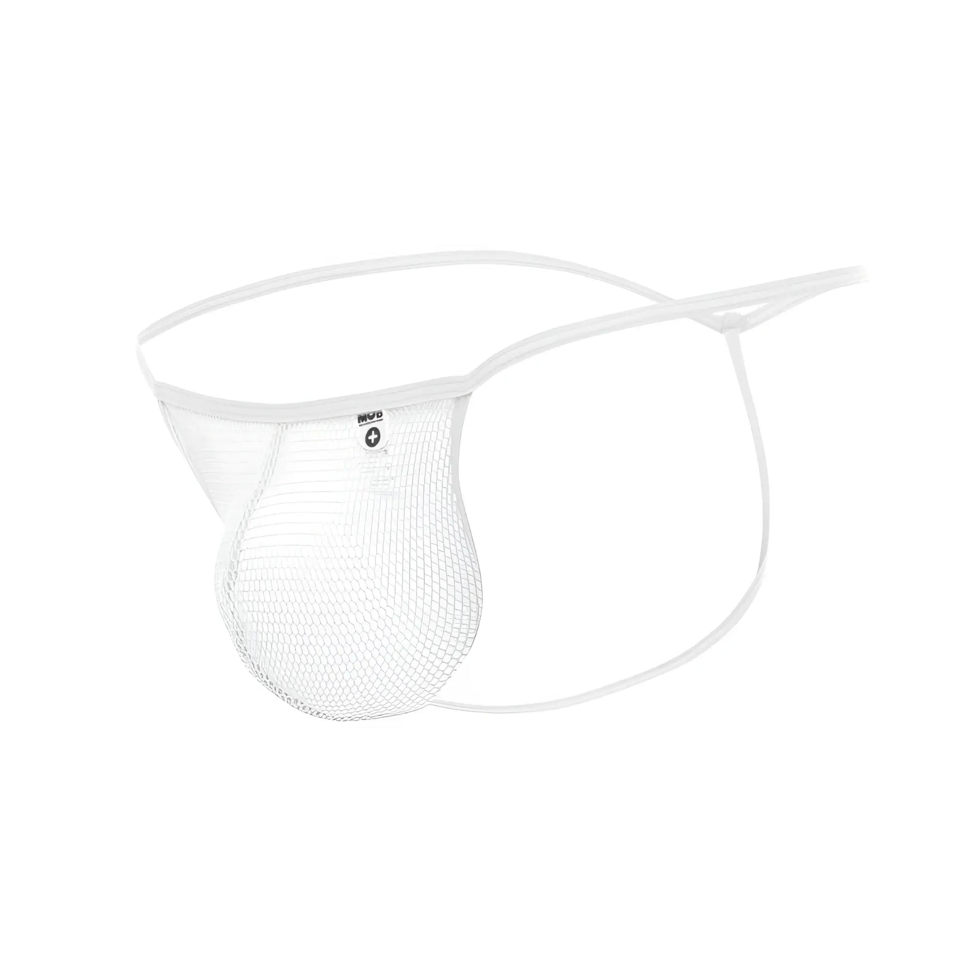 White mesh mob men’s fishnet thong with thin elastic straps and small brand tag visible on front side