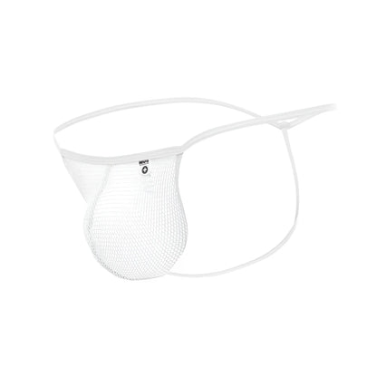 White mesh mob men’s fishnet thong with thin elastic straps and small brand tag visible on front side