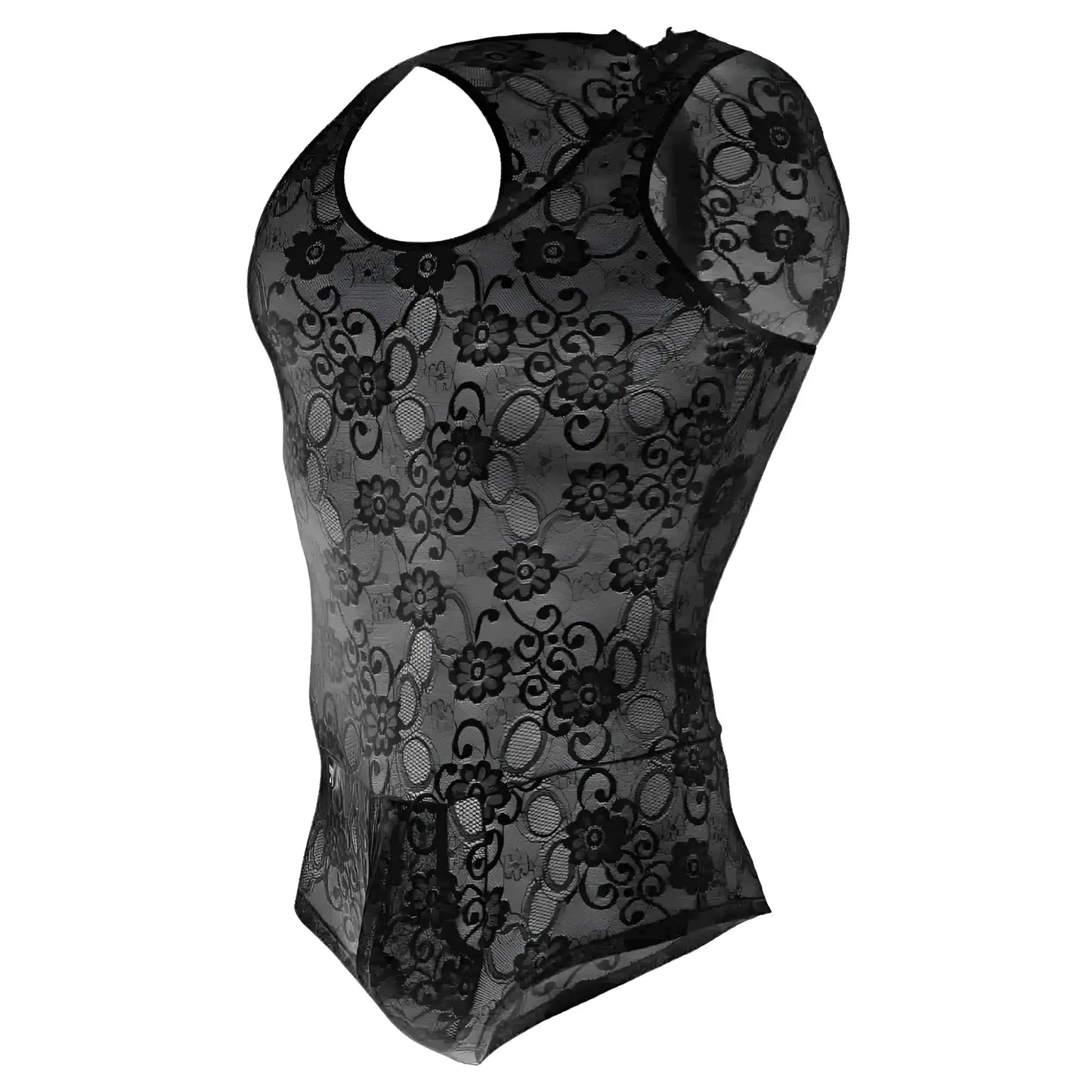 Black floral lace halter top with sheer mesh overlay in mob men’s lace bodysuit final sale collection