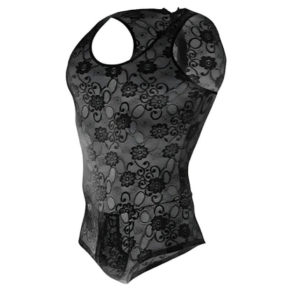Black floral lace halter top with sheer mesh overlay in mob men’s lace bodysuit final sale collection