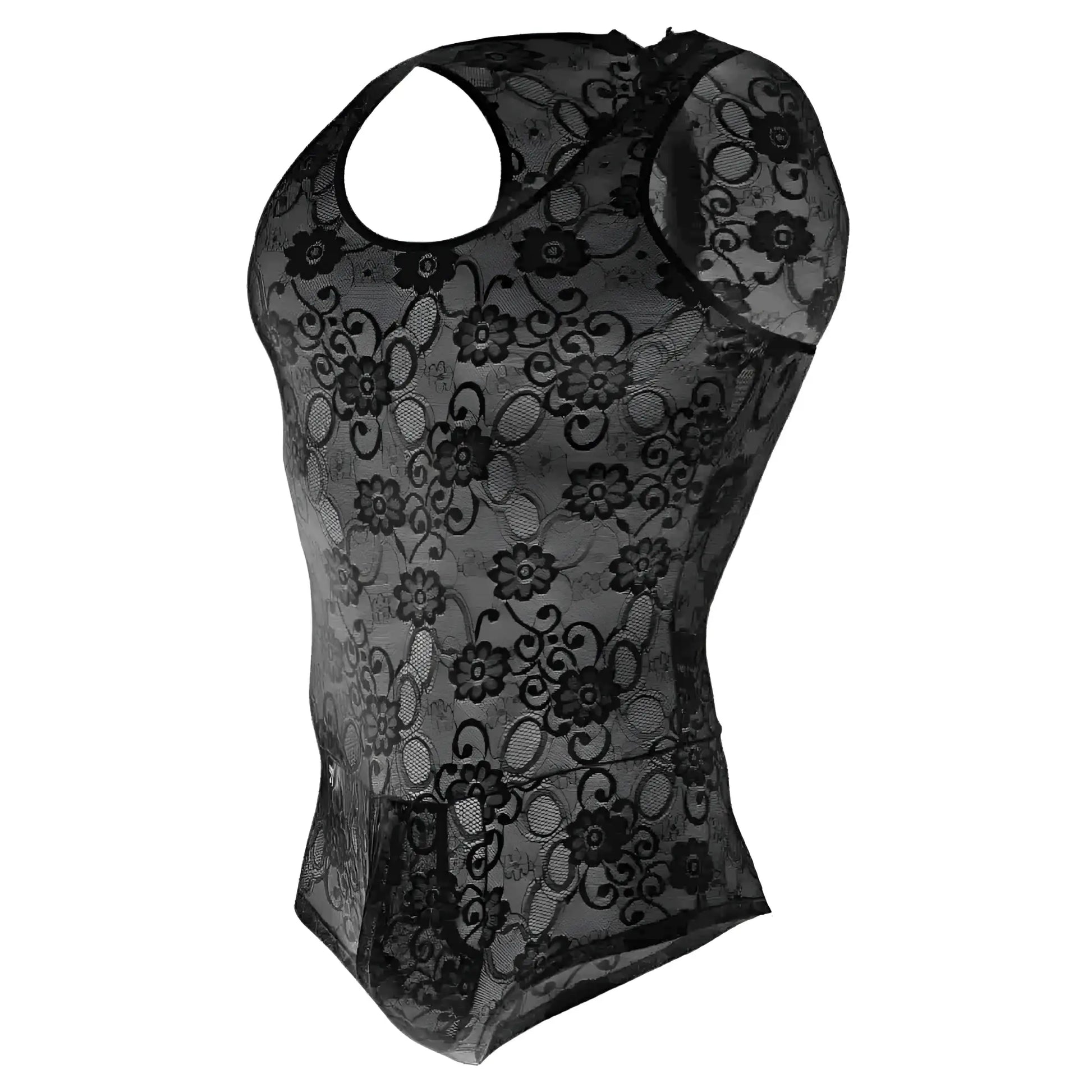 MOB men’s lace bodysuit black floral lace halter top with sheer mesh overlay for final sale